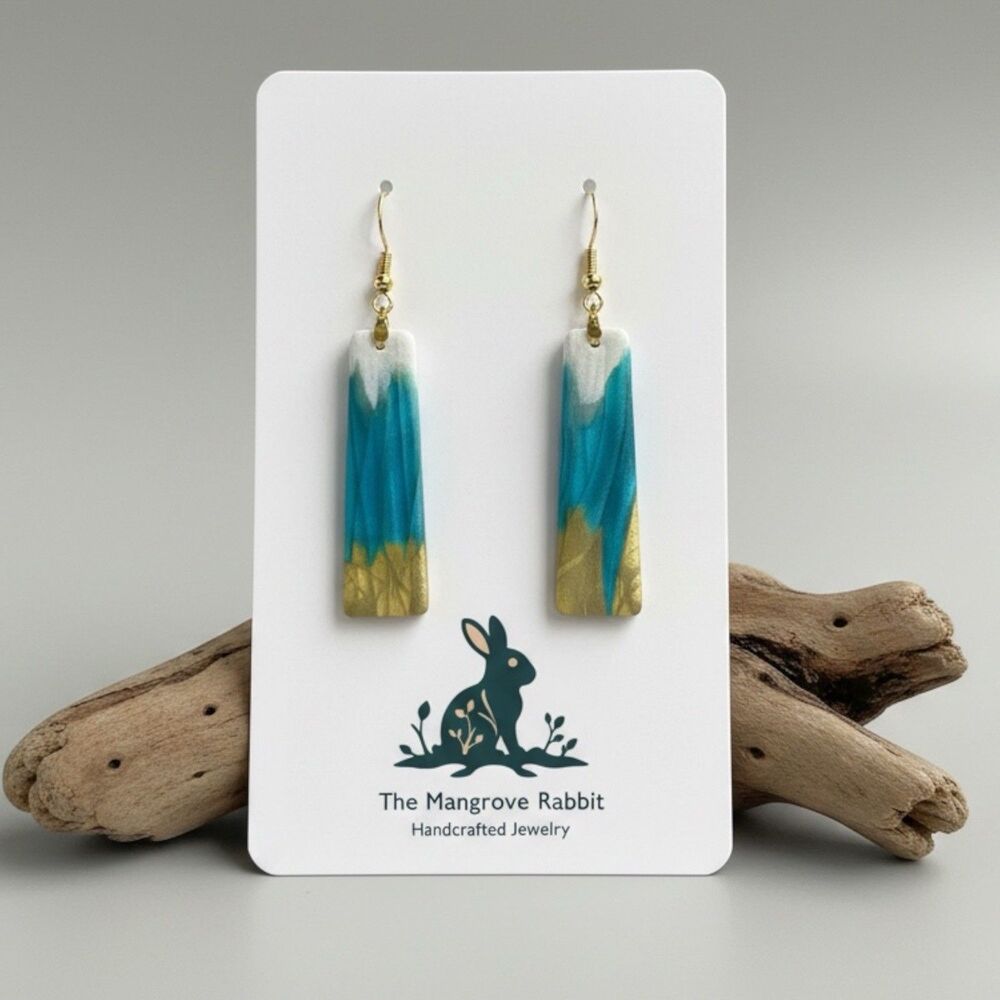 Turquoise Blue Gold Polymer Clay Dangle Earrings, Handmade Coastal Earrings